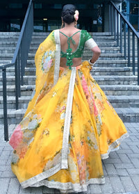 Yellow Green Floral Khadi Organza Lehenga Set