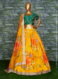 Yellow Green Floral Khadi Organza Lehenga Set