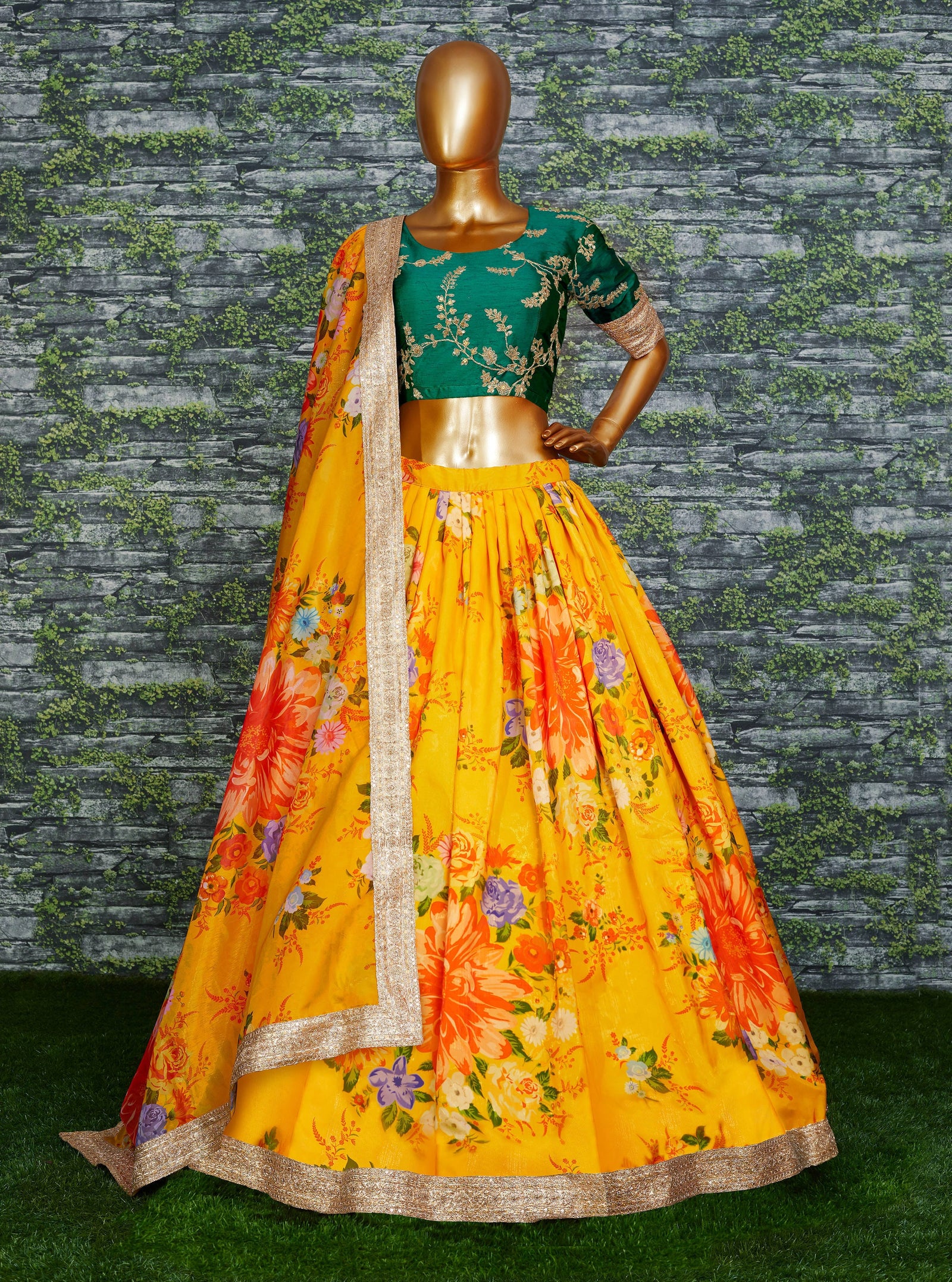Yellow Green Floral Khadi Organza Lehenga Set