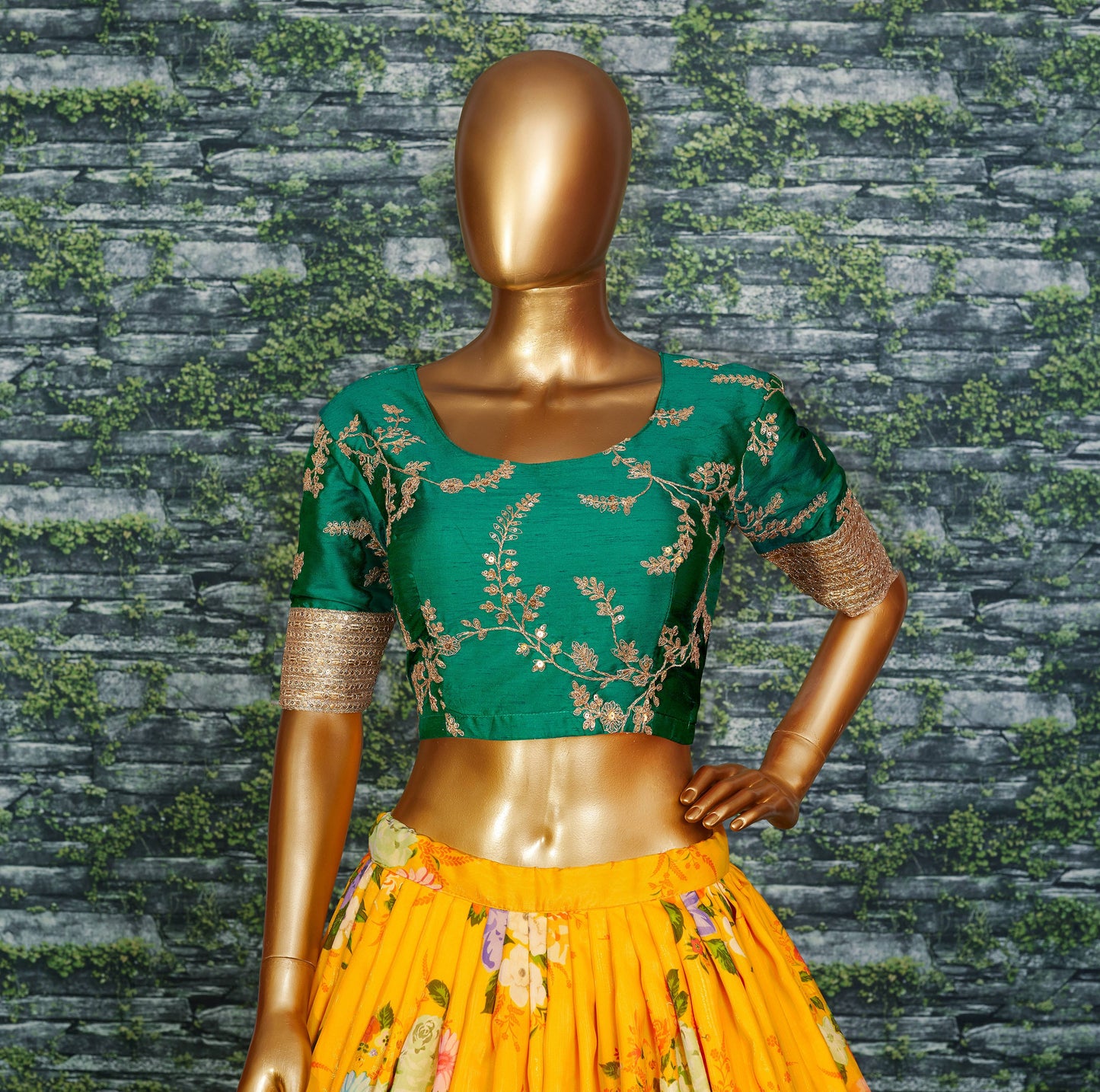 Yellow Green Floral Khadi Organza Lehenga Set