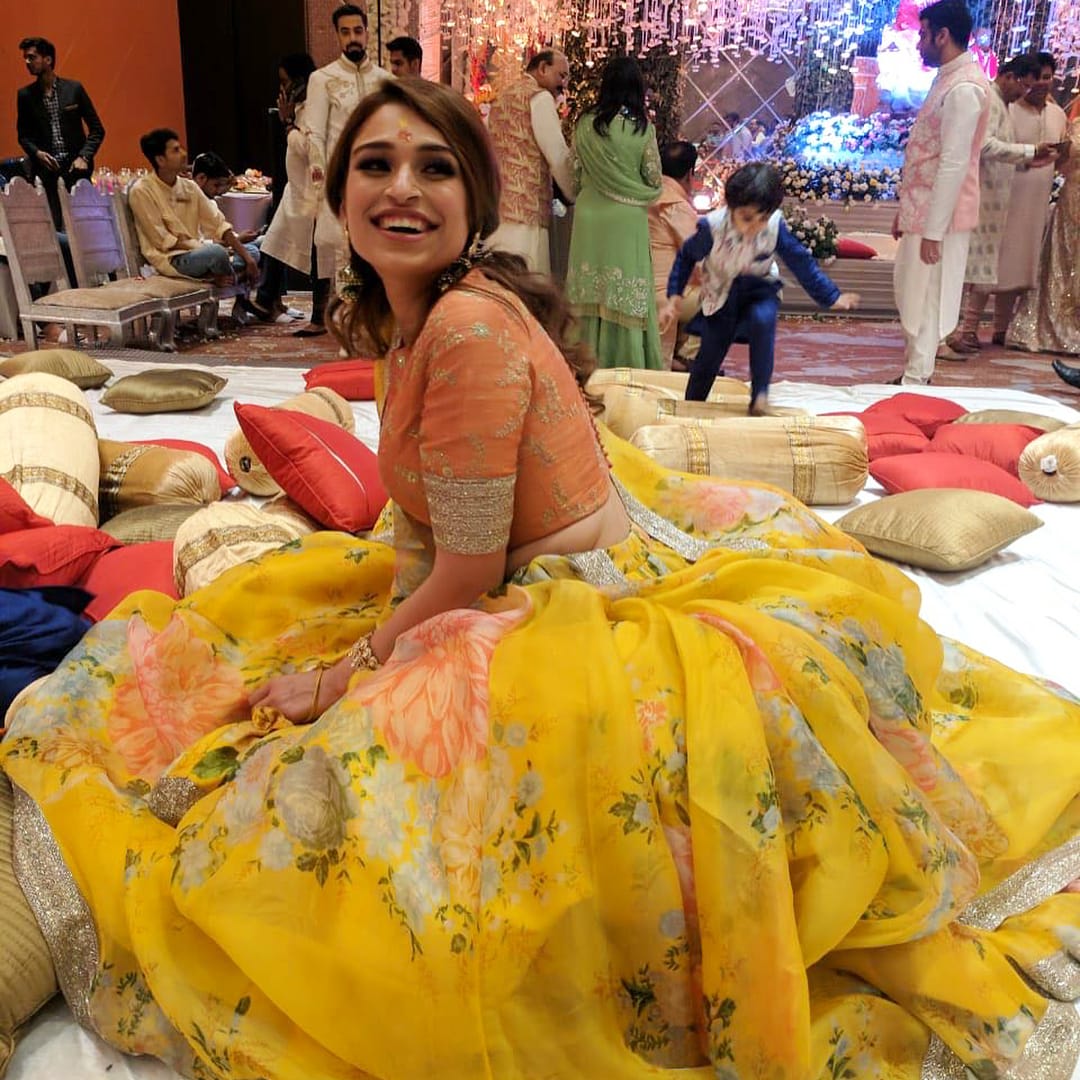 Yellow Orange Floral Khadi Organza Lehenga Set
