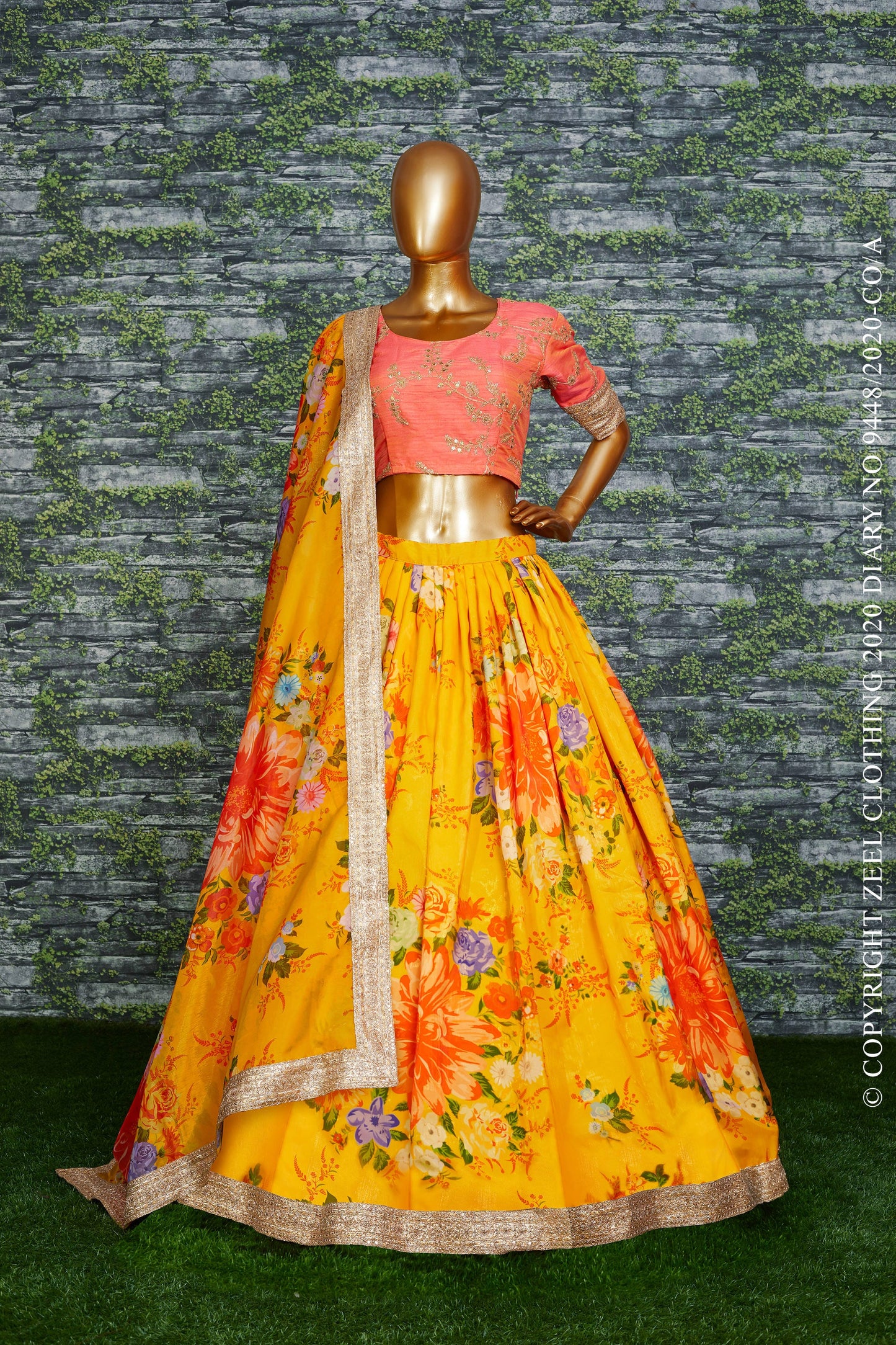Yellow Orange Floral Khadi Organza Lehenga Set