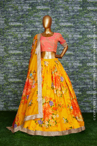 Yellow Orange Floral Khadi Organza Lehenga Set