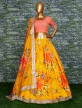 Yellow Orange Floral Khadi Organza Lehenga Set