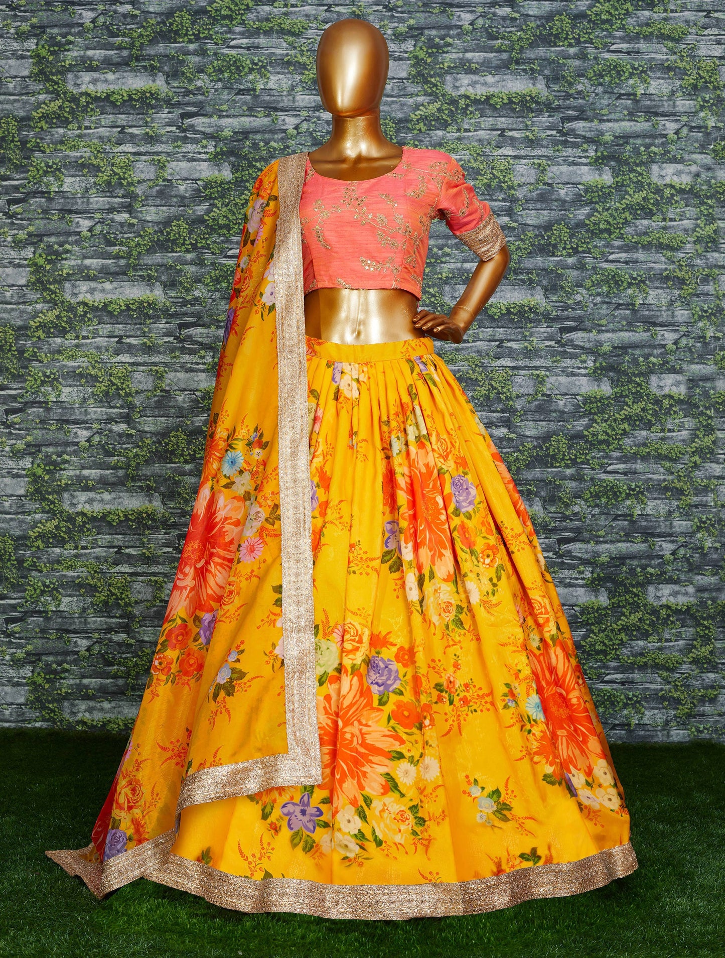 Yellow Orange Floral Khadi Organza Lehenga Set