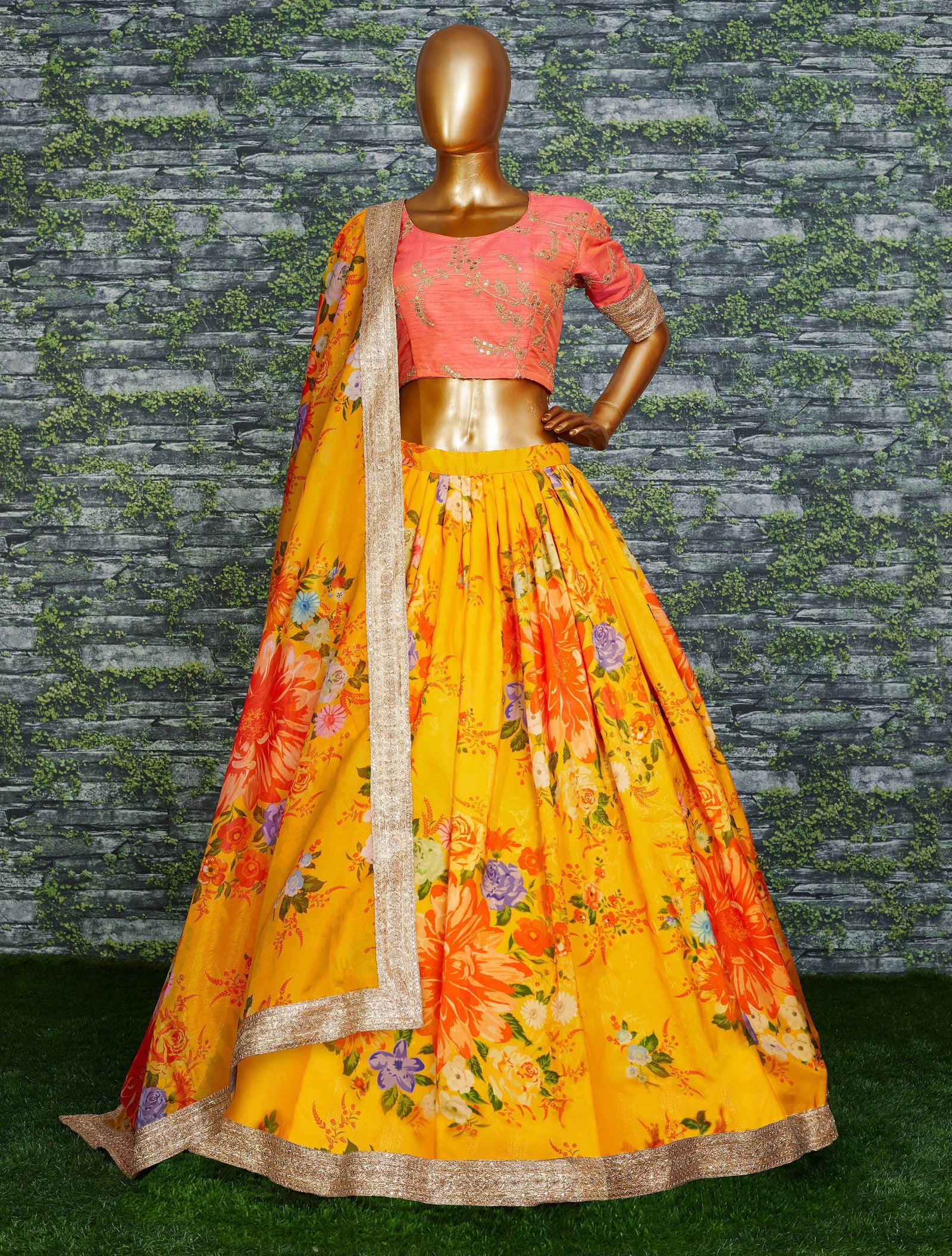 Yellow Orange Floral Khadi Organza Lehenga Set