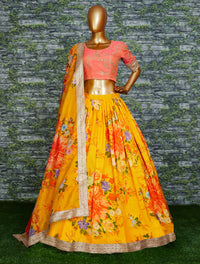 Yellow Orange Floral Khadi Organza Lehenga Set