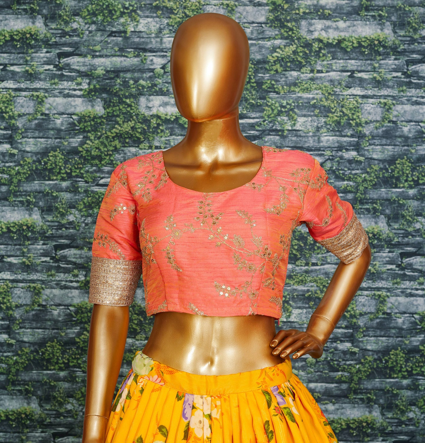 Yellow Orange Floral Khadi Organza Lehenga Set
