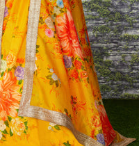 Yellow Orange Floral Khadi Organza Lehenga Set