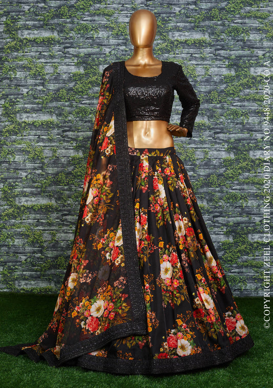 Midnight Blossom Organza Designer Lehenga Choli Set