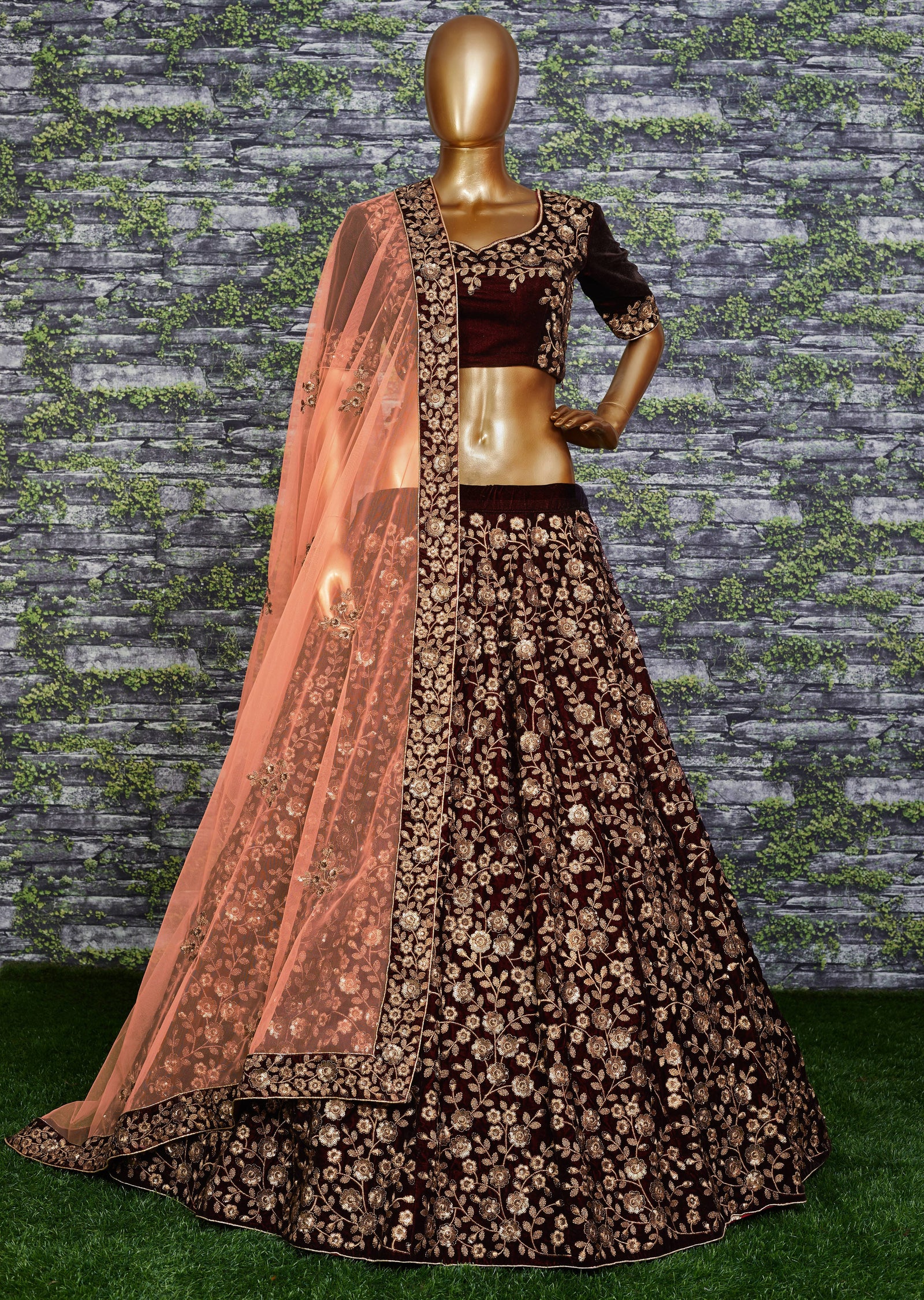 Midnight Blossom Velvet Bridal Lehenga Set