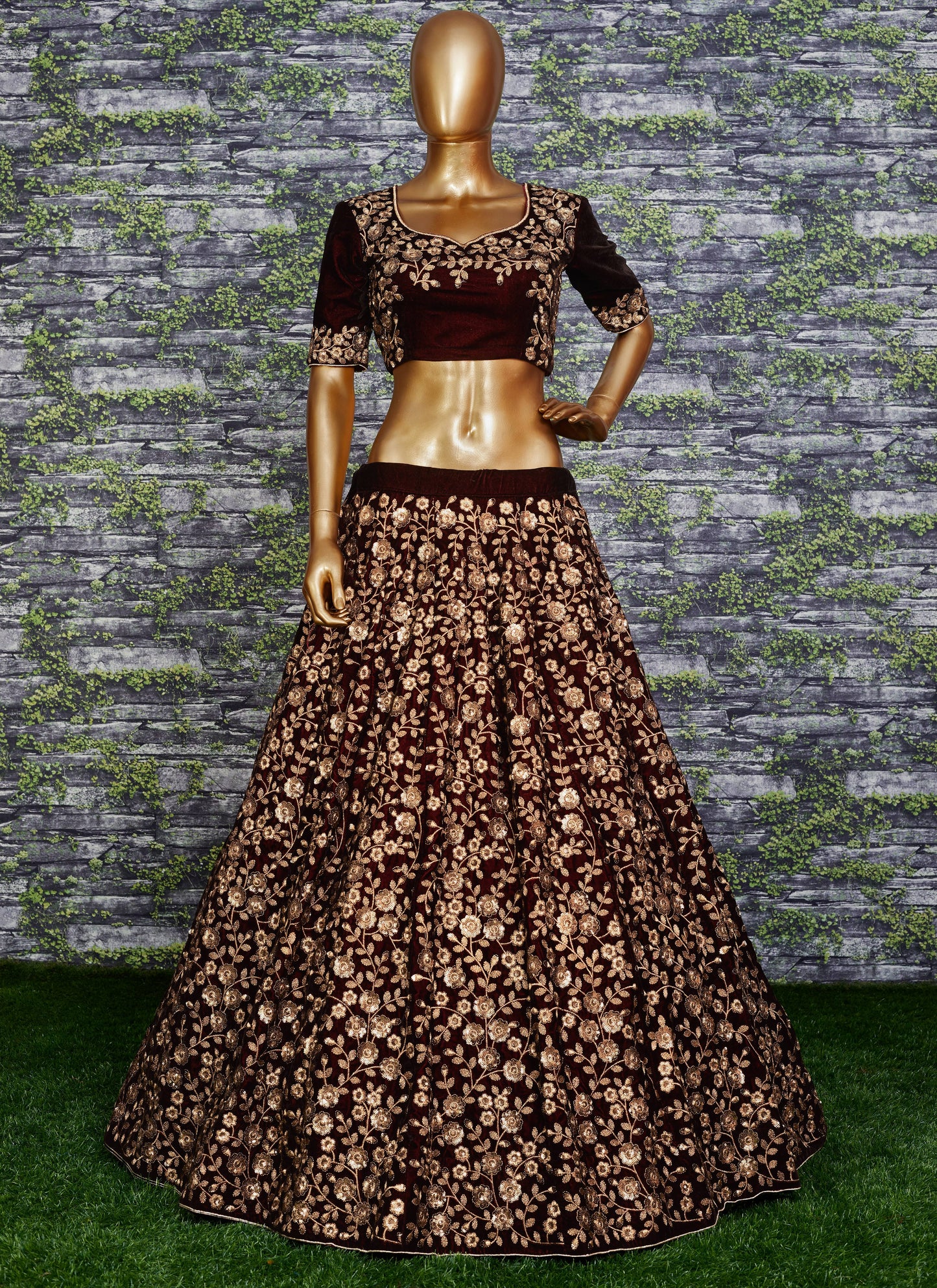 Midnight Blossom Velvet Bridal Lehenga Set
