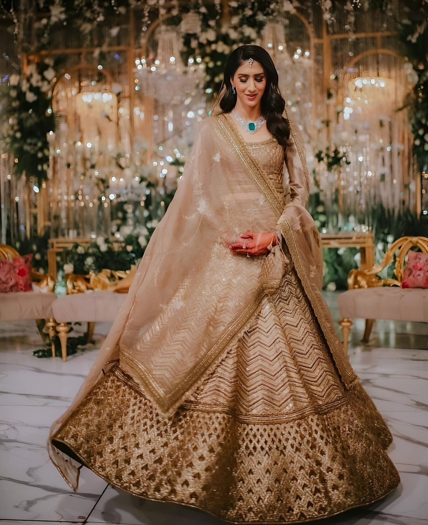 Golden Mocha Slub Silk Embroidered Lehenga Choli Set