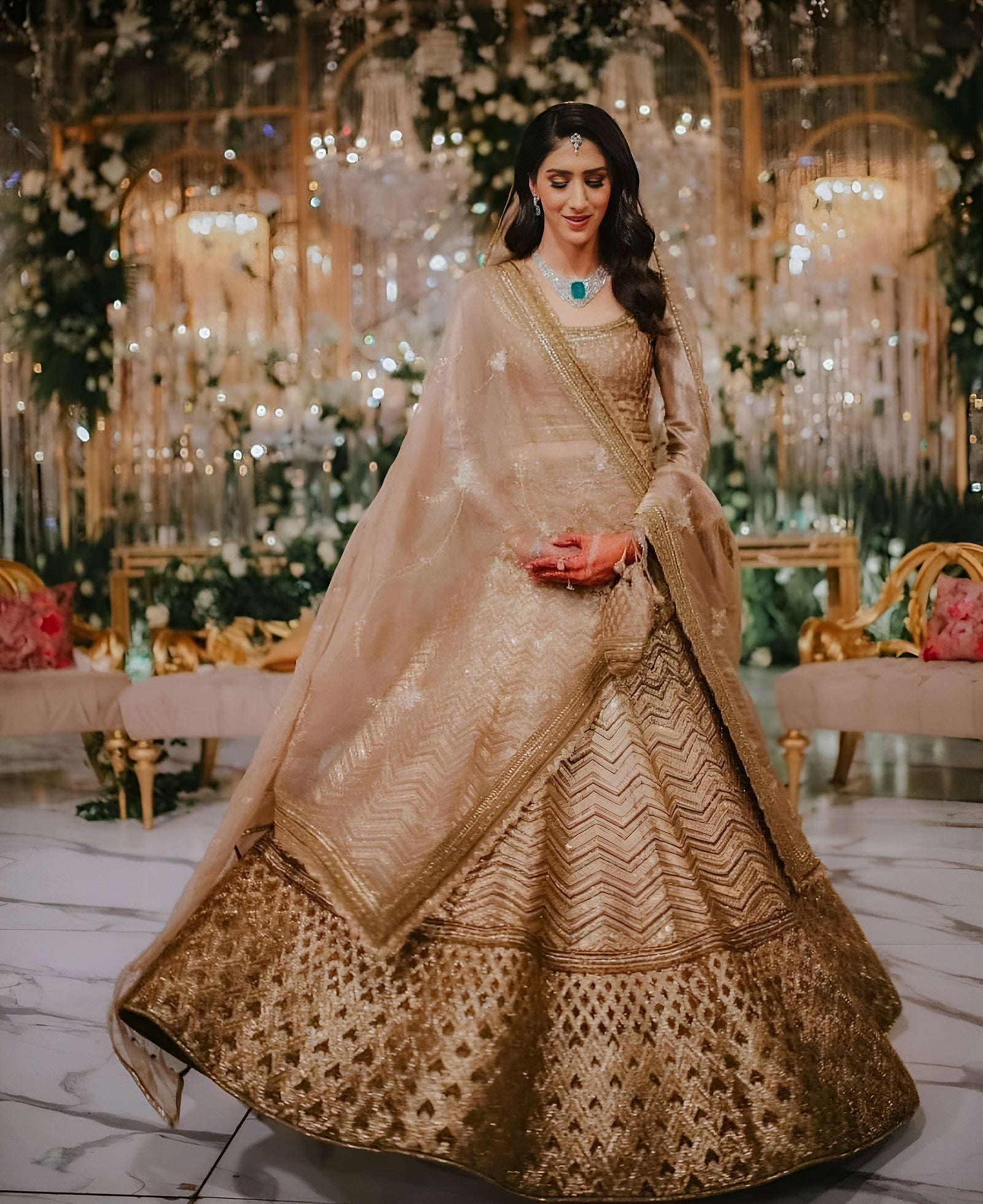Golden Mocha Slub Silk Embroidered Lehenga Choli Set