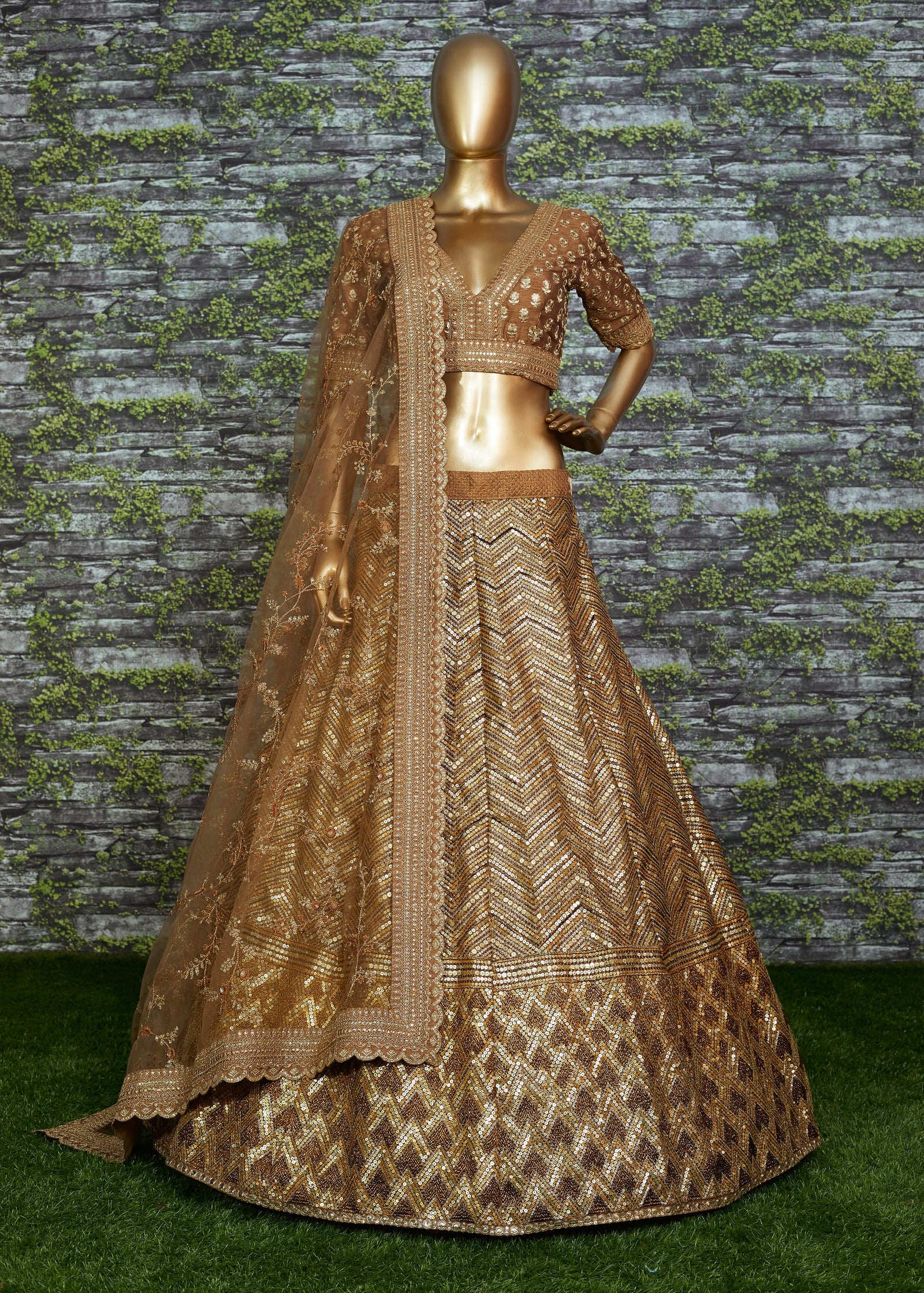 Golden Mocha Slub Silk Embroidered Lehenga Choli Set
