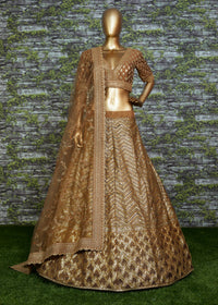 Golden Mocha Slub Silk Embroidered Lehenga Choli Set