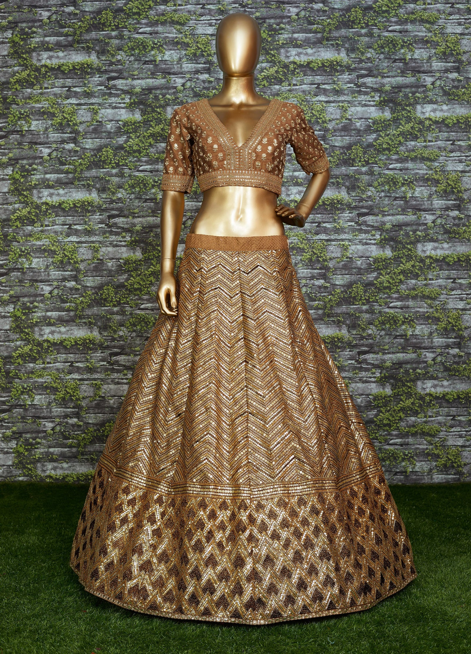 Golden Mocha Slub Silk Embroidered Lehenga Choli Set