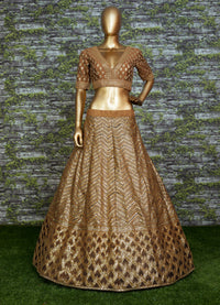 Golden Mocha Slub Silk Embroidered Lehenga Choli Set