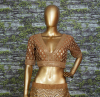 Golden Mocha Slub Silk Embroidered Lehenga Choli Set