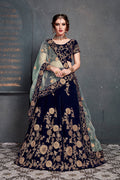 Navy Blue Velvet Embroidered Lehenga Choli Set