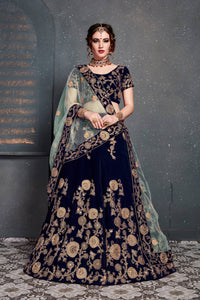 Navy Blue Velvet Embroidered Lehenga Choli Set