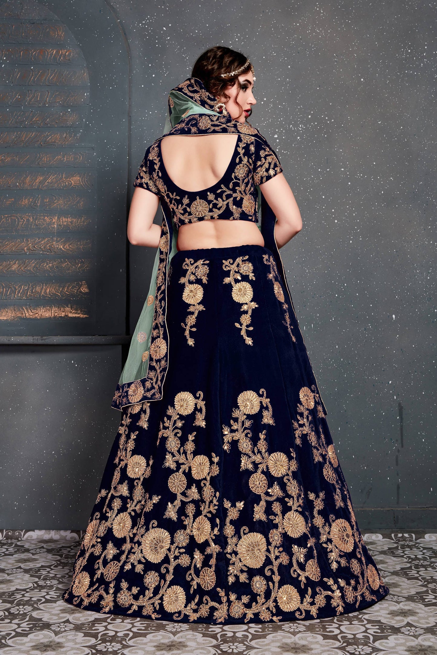 Navy Blue Velvet Embroidered Lehenga Choli Set