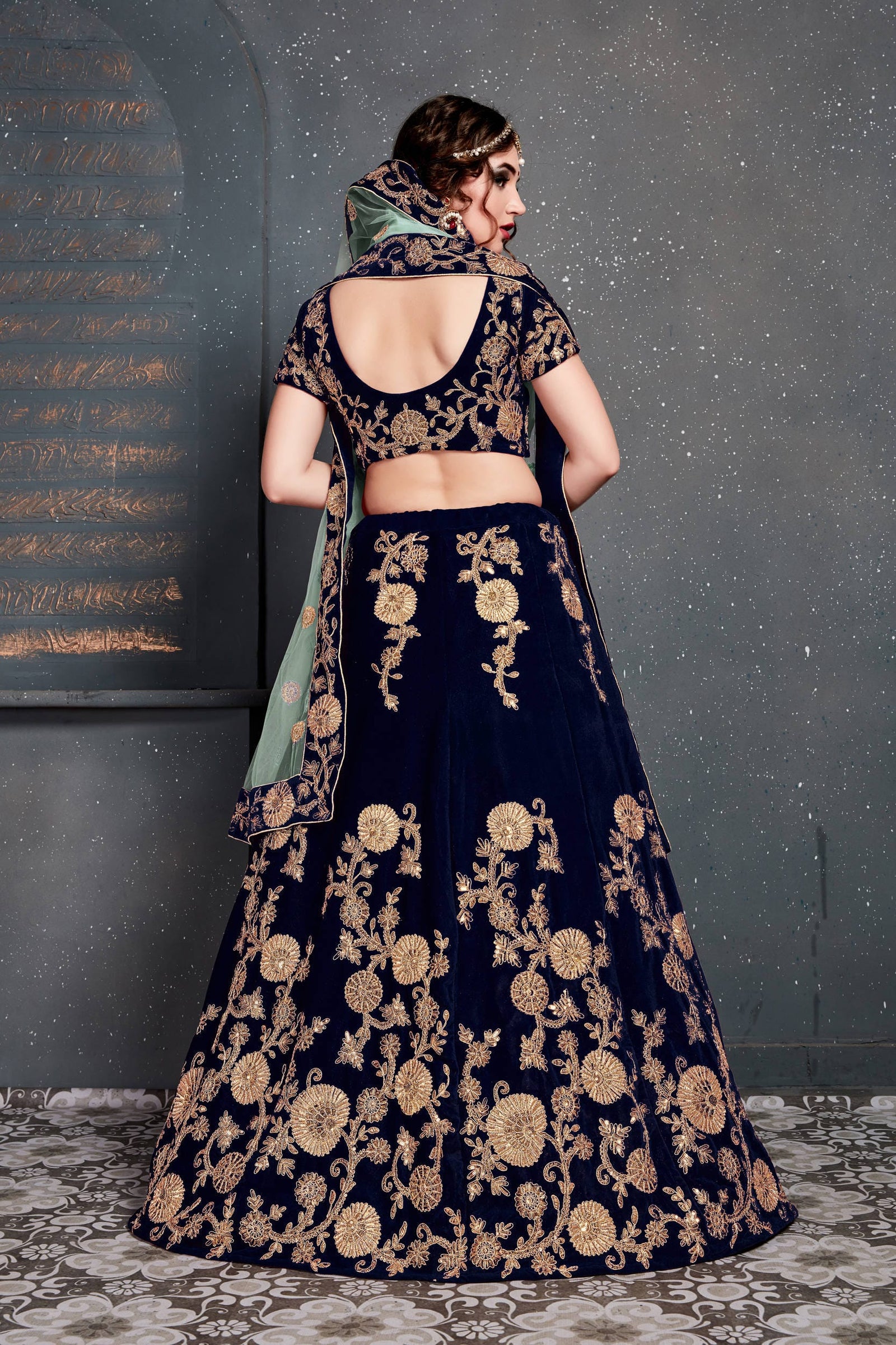 Navy Blue Velvet Embroidered Lehenga Choli Set