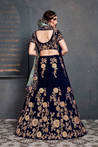 Navy Blue Velvet Embroidered Lehenga Choli Set