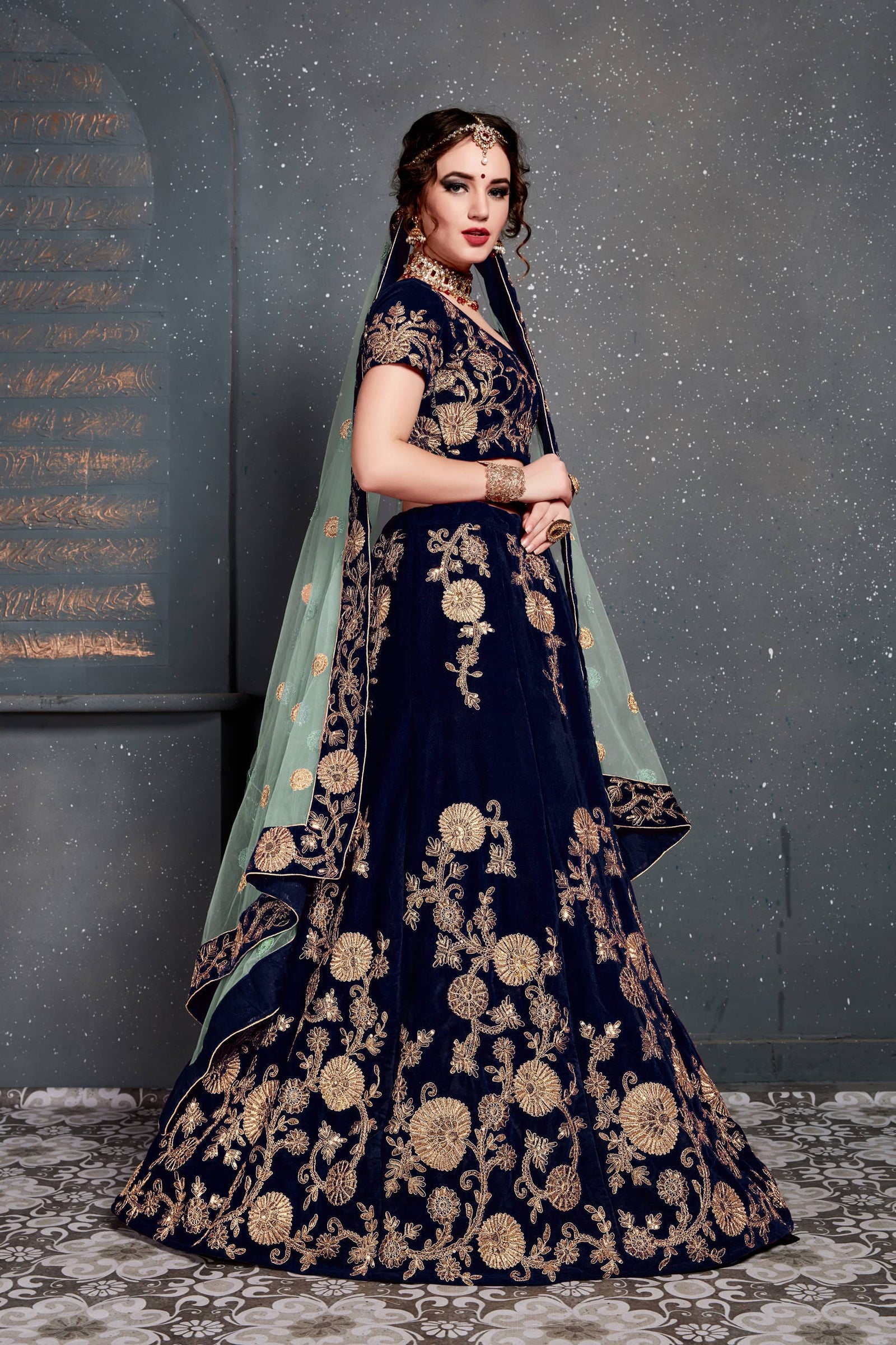 Navy Blue Velvet Embroidered Lehenga Choli Set