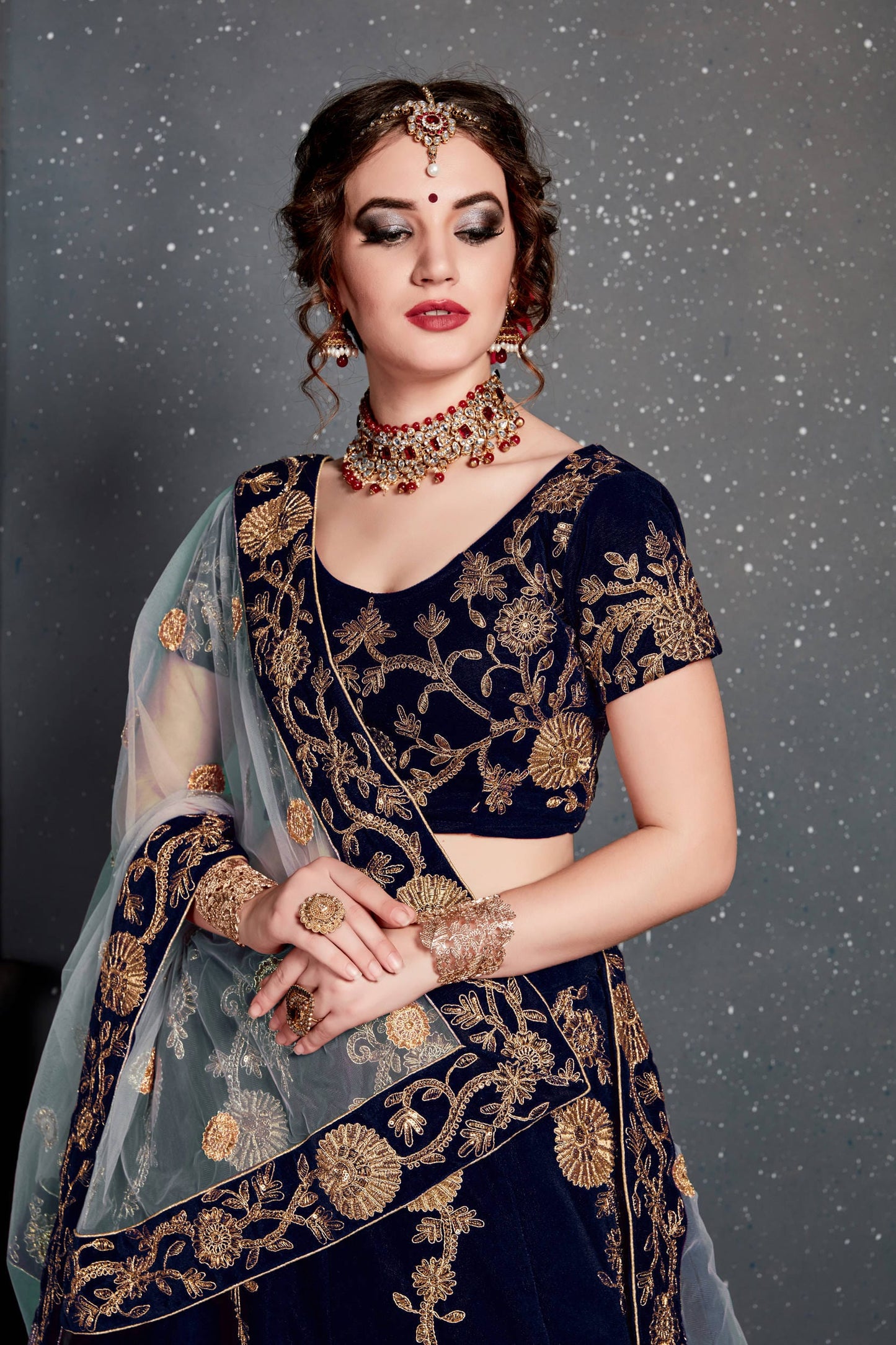 Navy Blue Velvet Embroidered Lehenga Choli Set