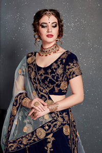 Navy Blue Velvet Embroidered Lehenga Choli Set