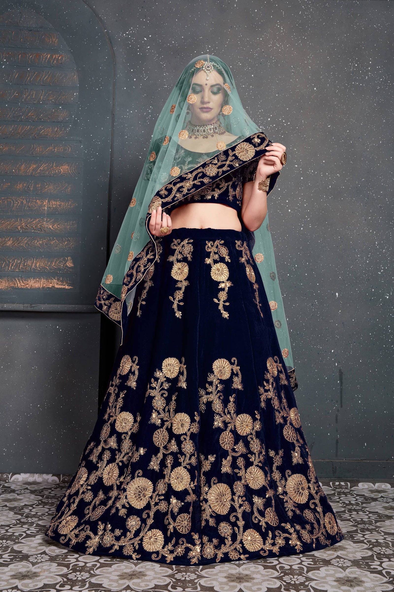 Navy Blue Velvet Embroidered Lehenga Choli Set