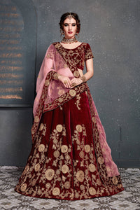 Maroon Velvet Embroidered Lehenga Choli Set