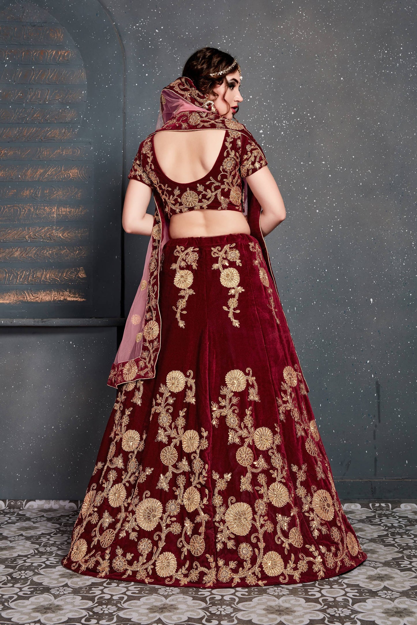 Maroon Velvet Embroidered Lehenga Choli Set
