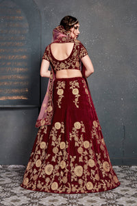 Maroon Velvet Embroidered Lehenga Choli Set
