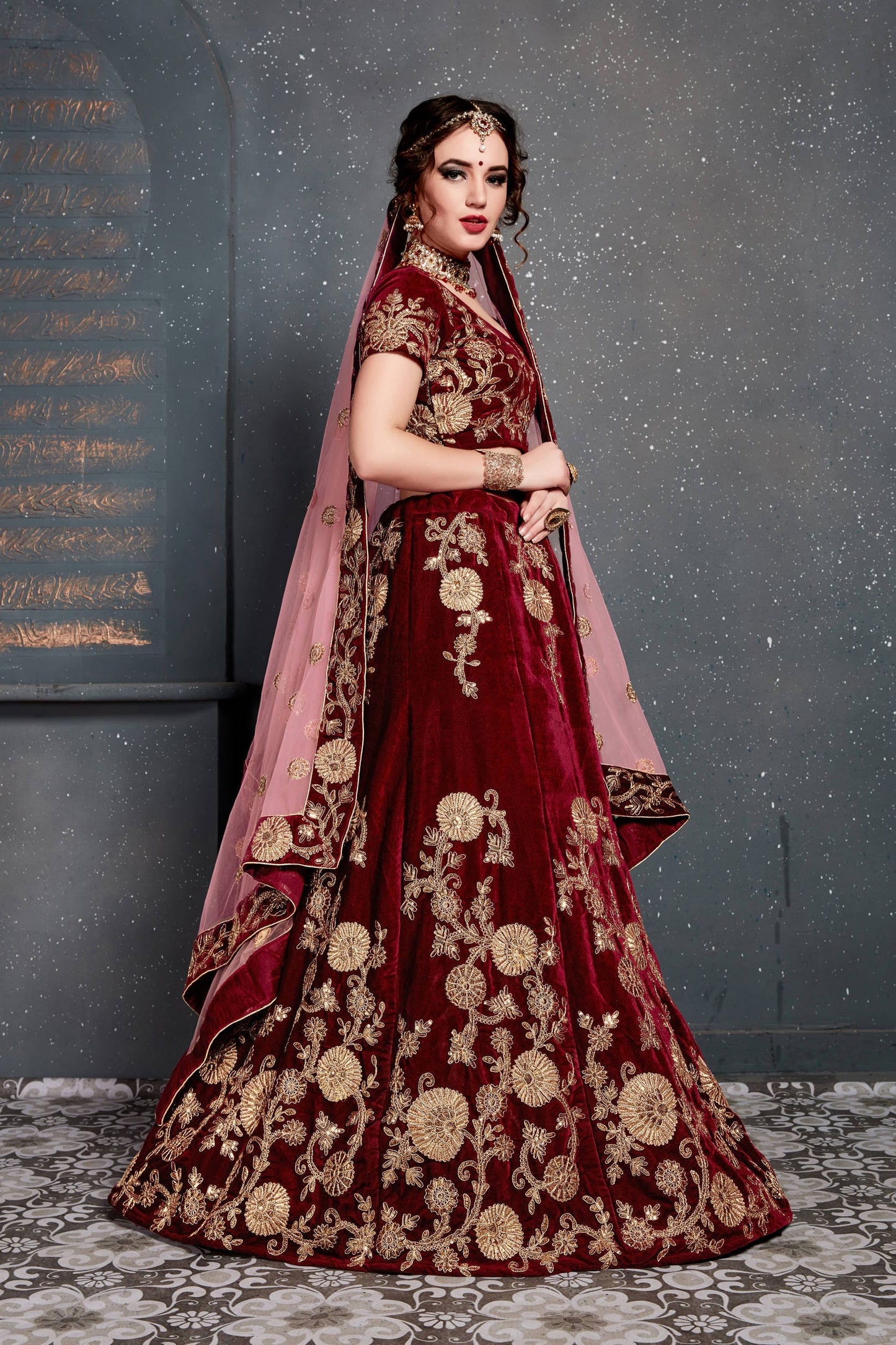 Maroon Velvet Embroidered Lehenga Choli Set