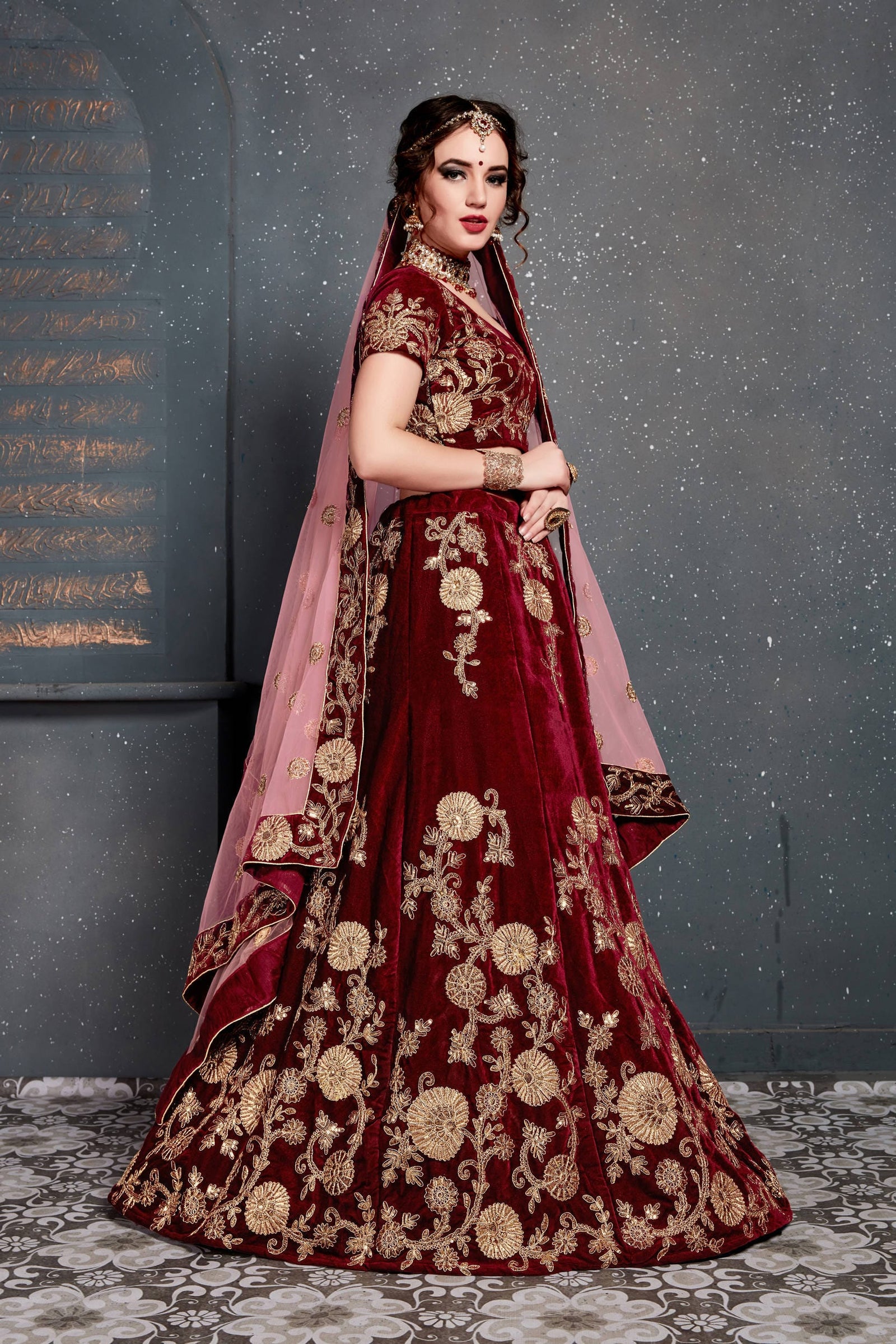 Maroon Velvet Embroidered Lehenga Choli Set
