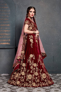 Maroon Velvet Embroidered Lehenga Choli Set