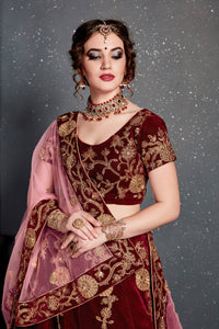 Maroon Velvet Embroidered Lehenga Choli Set