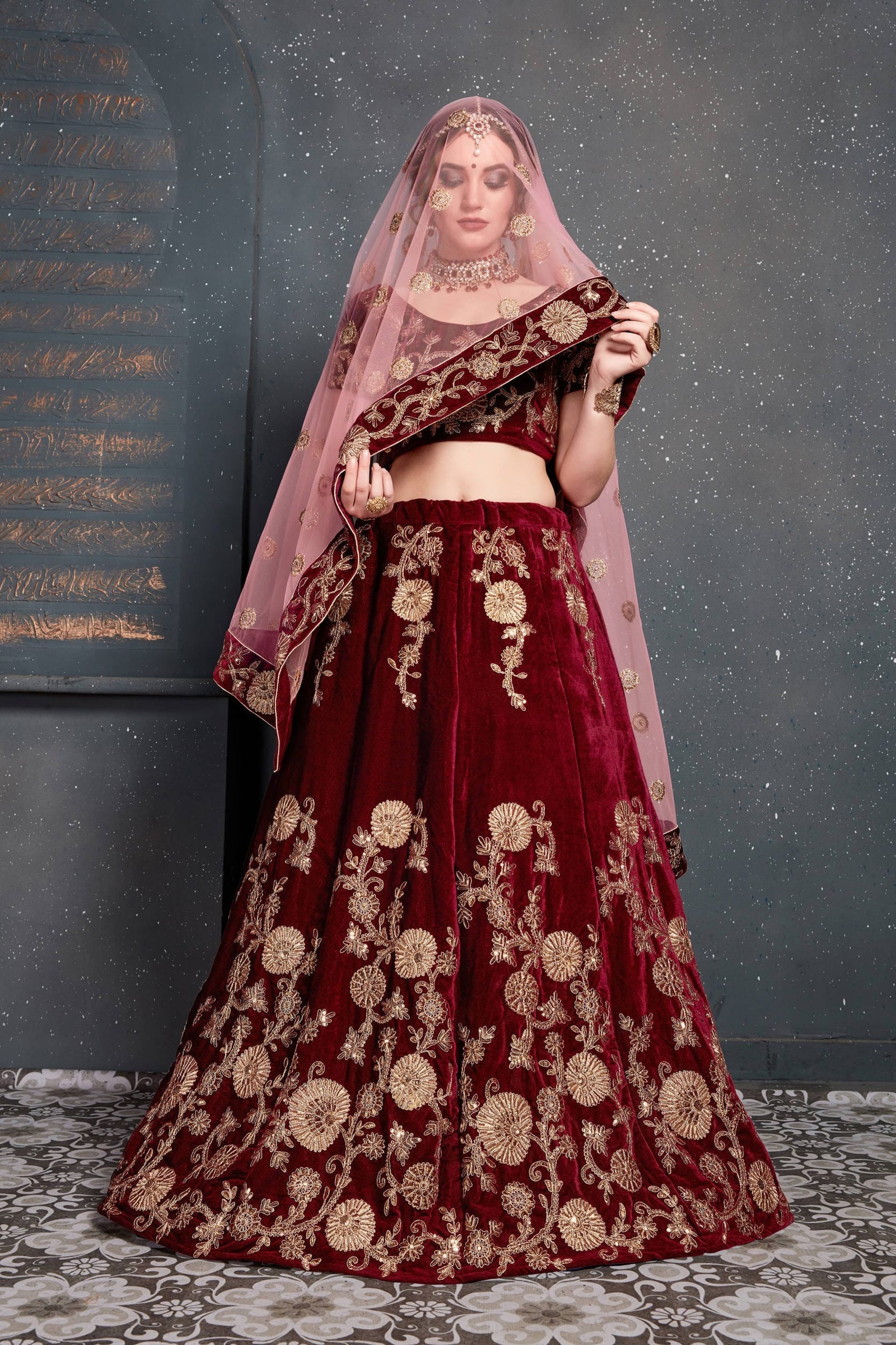 Maroon Velvet Embroidered Lehenga Choli Set