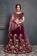 Purple Velvet Embroidered Lehenga Choli Set