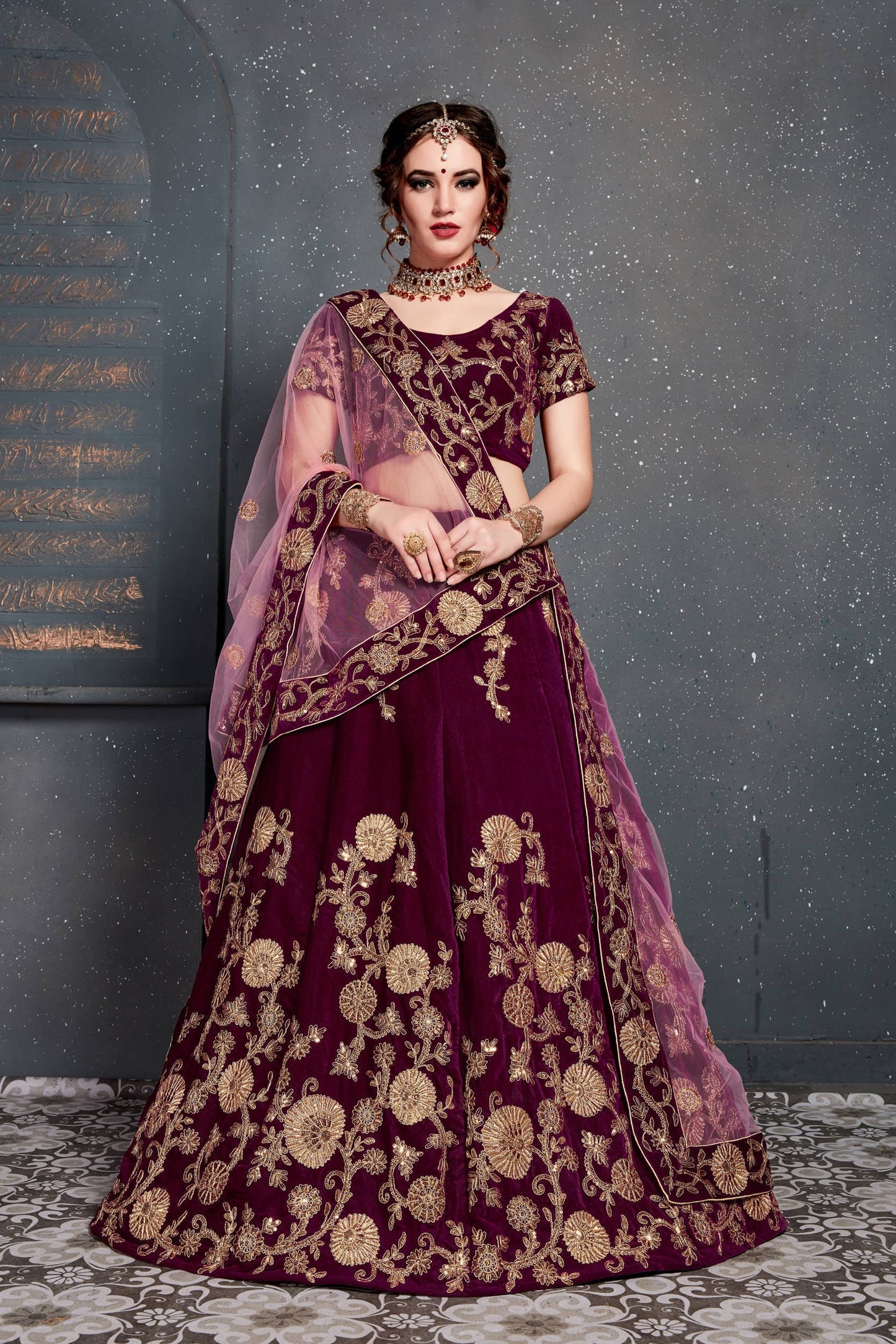 Purple Velvet Embroidered Lehenga Choli Set