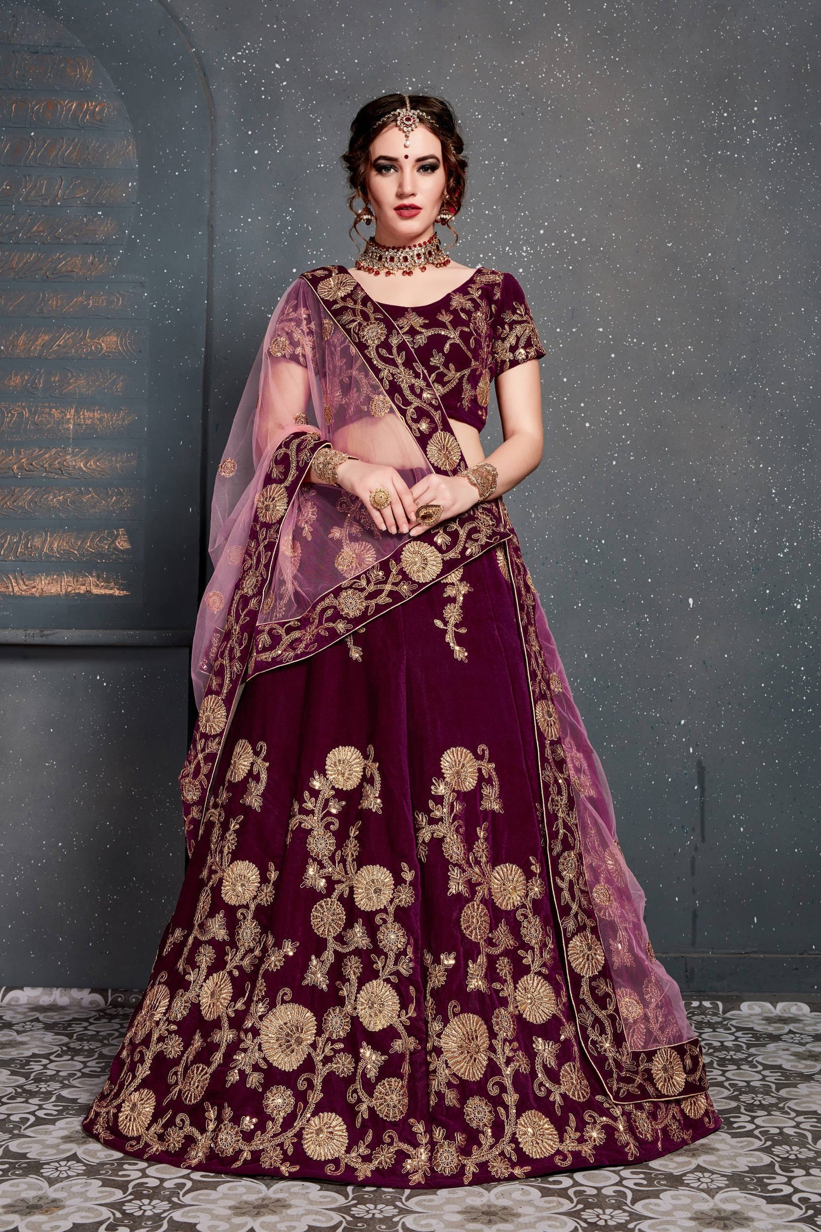 Purple Velvet Embroidered Lehenga Choli Set