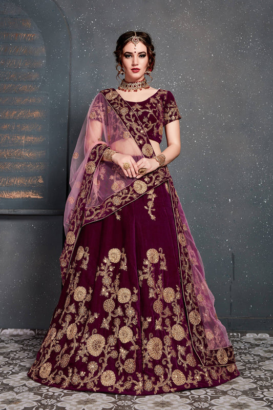 Purple Velvet Embroidered Lehenga Choli Set