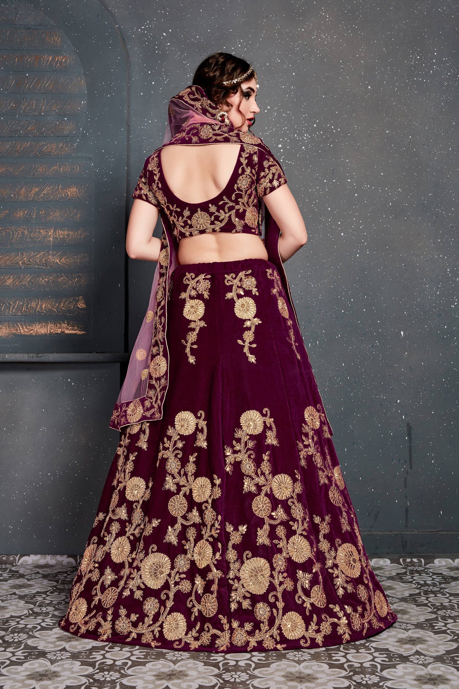 Purple Velvet Embroidered Lehenga Choli Set