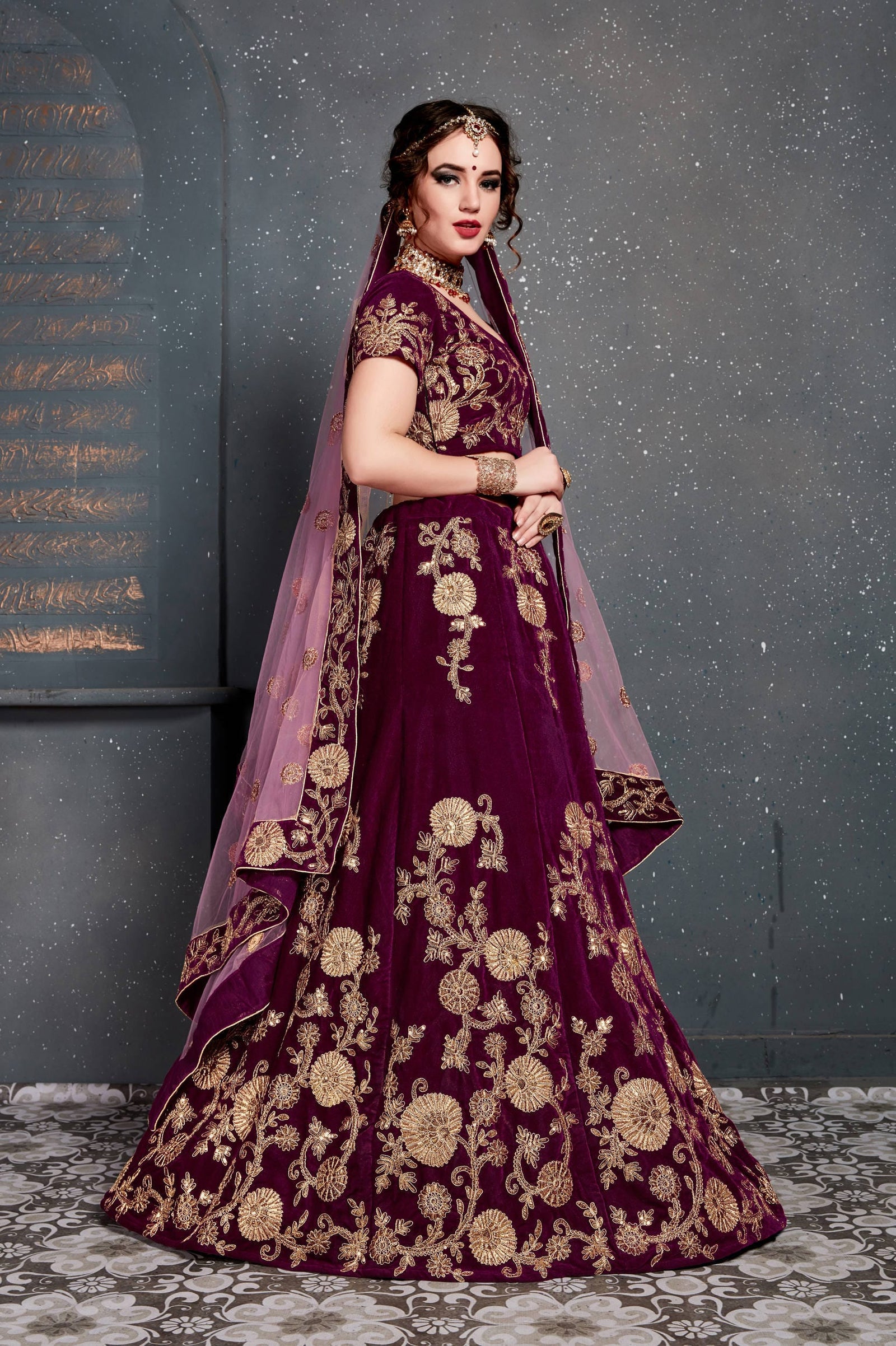 Purple Velvet Embroidered Lehenga Choli Set
