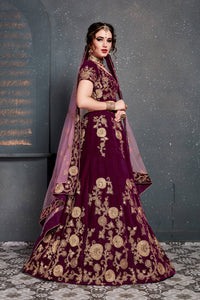 Purple Velvet Embroidered Lehenga Choli Set