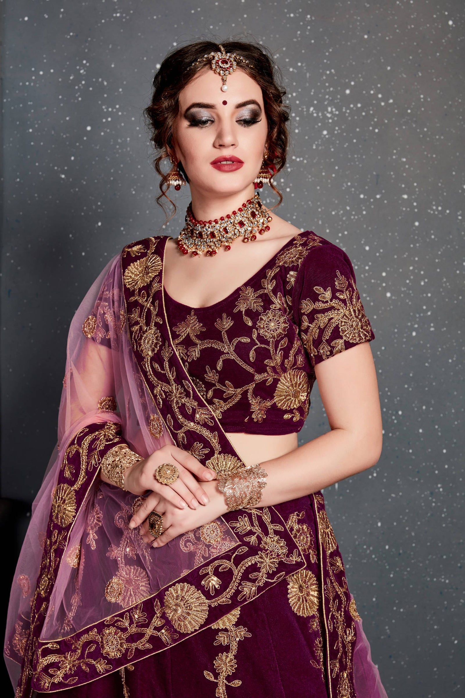 Purple Velvet Embroidered Lehenga Choli Set