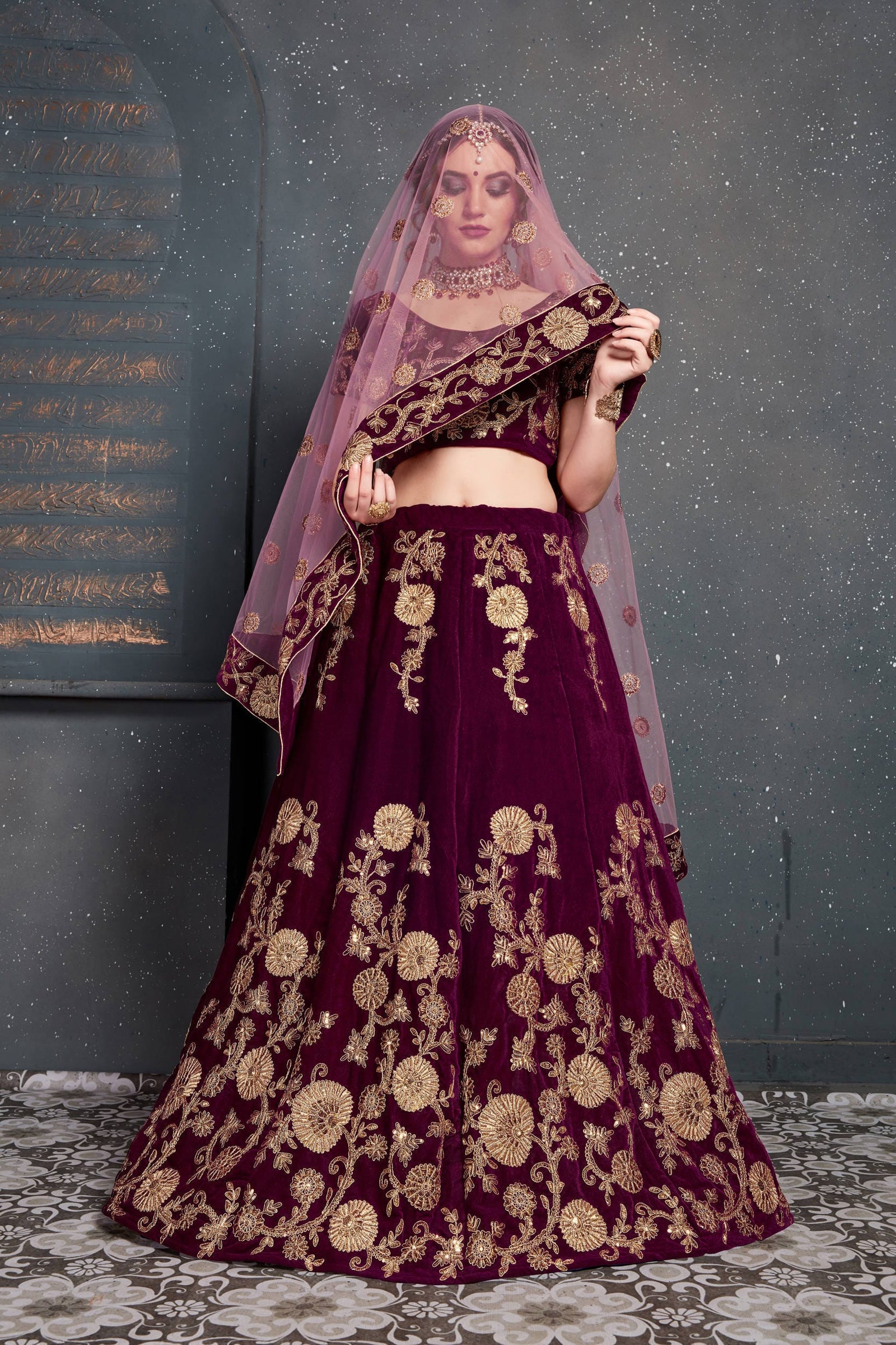 Purple Velvet Embroidered Lehenga Choli Set