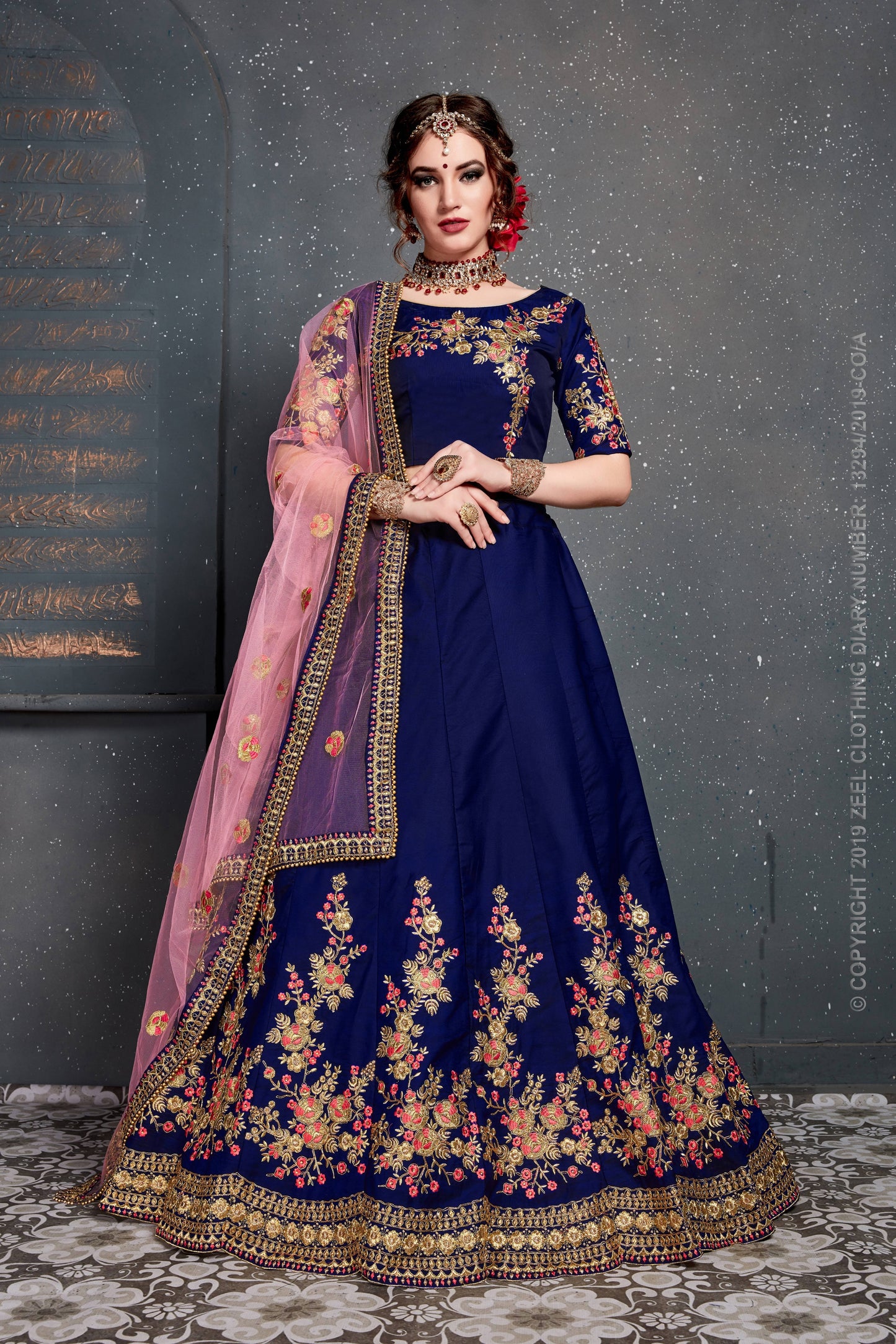 Royal Sapphire Bloom Taffeta Silk Lehenga Choli Set